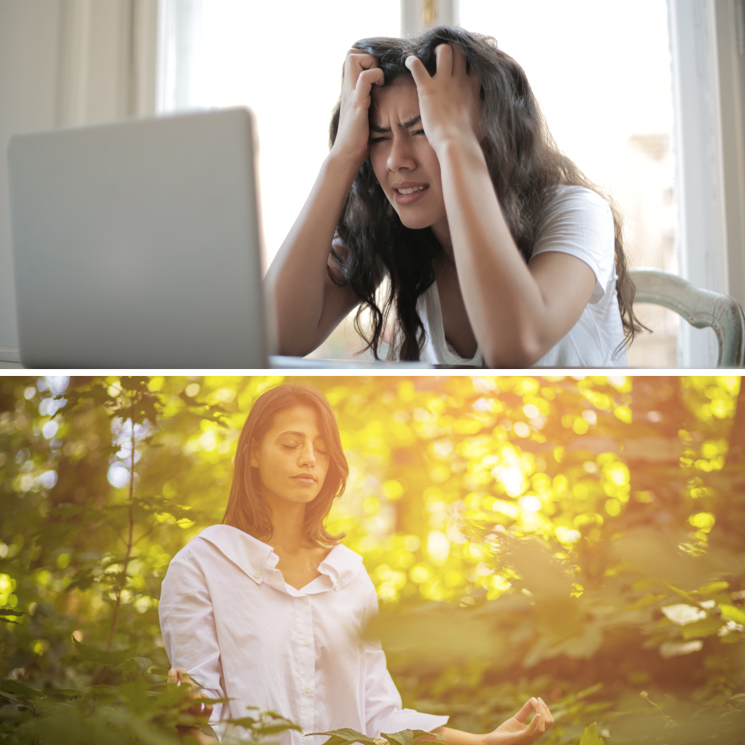 Woman experiencing burnout and stress at work on laptop contrasted with woman meditating peacefully in nature, symbolising career transition from burnout to balance.”