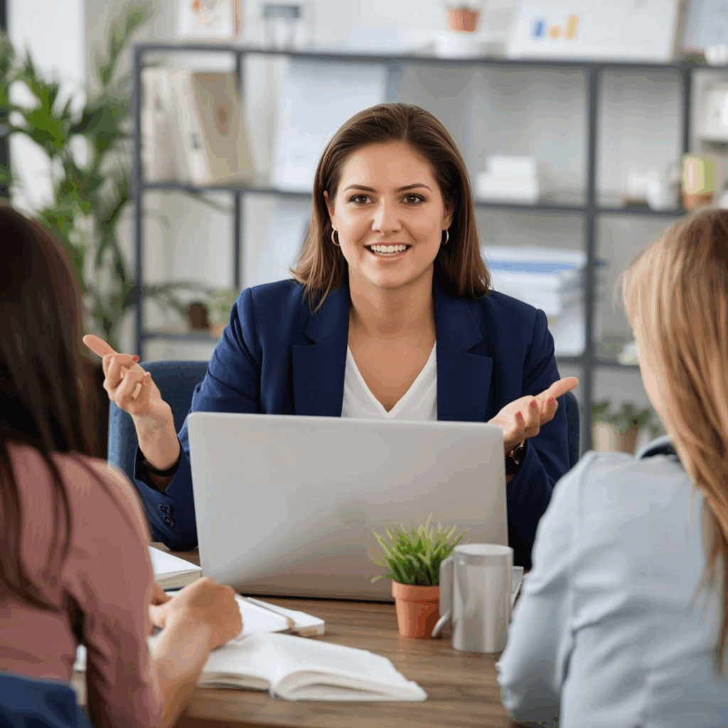 A confident woman leading a business coaching session with two clients, symbolizing corporate women transitioning into coaching and online education.