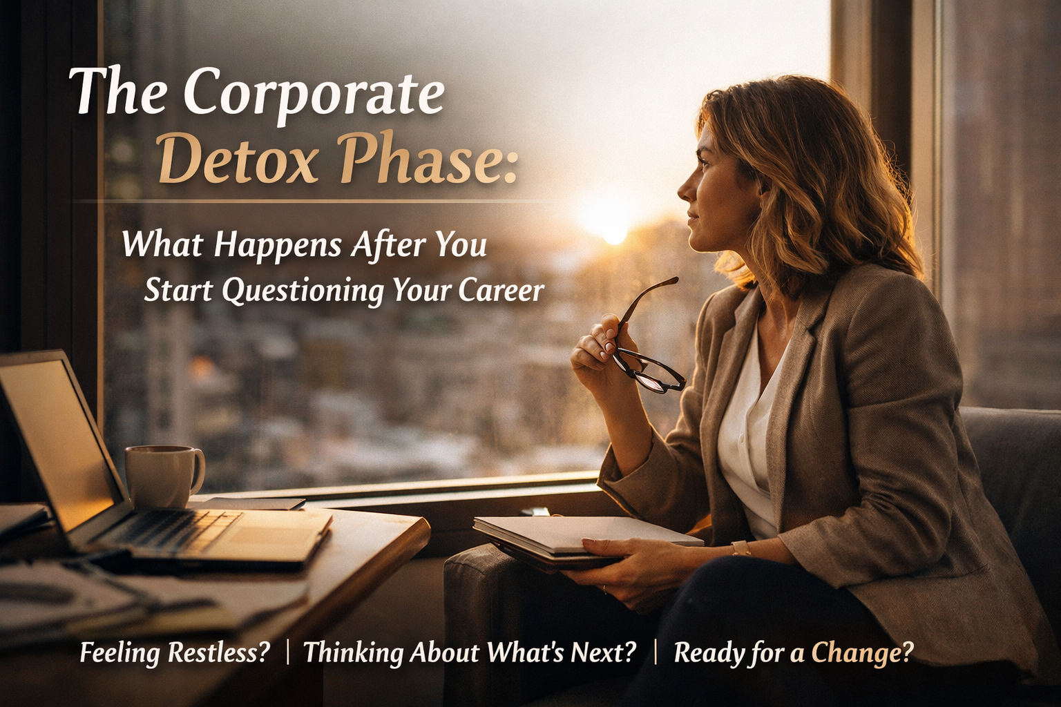 Professional woman sitting by a window reflecting on her corporate career and considering a career transition during the corporate detox phase