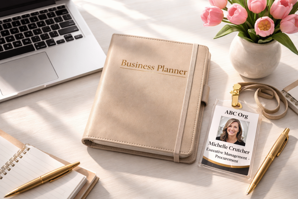 Bright professional desk scene featuring a business planner, laptop, pink tulips and a corporate ID badge for Michelle Crutcher, symbolising executive leadership experience and strategic business planning.
