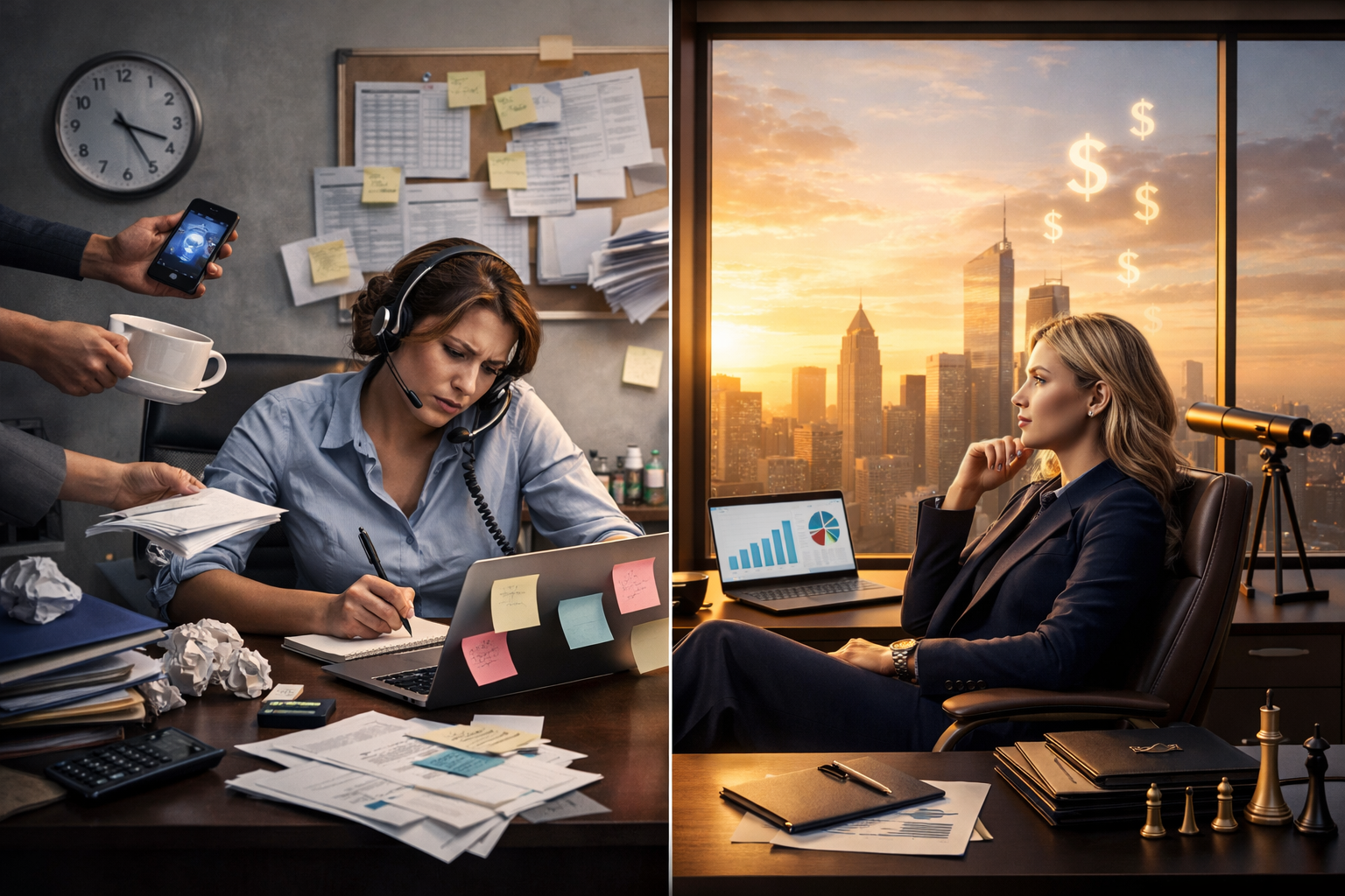 Professional Corporate women overwhelmed at a cluttered desk contrasted with a calm, confident female CEO in a luxury office focused on strategy and business growth