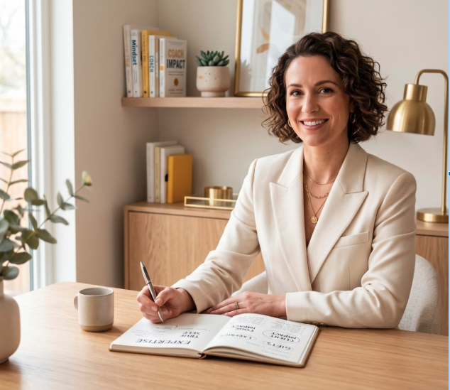 A professional woman sitting at her desk, reflecting on a career transition from corporate to entrepreneurship.